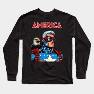 America Patriotic Comic Book Superhero July 4 Bald Eagle Long Sleeve T-Shirt